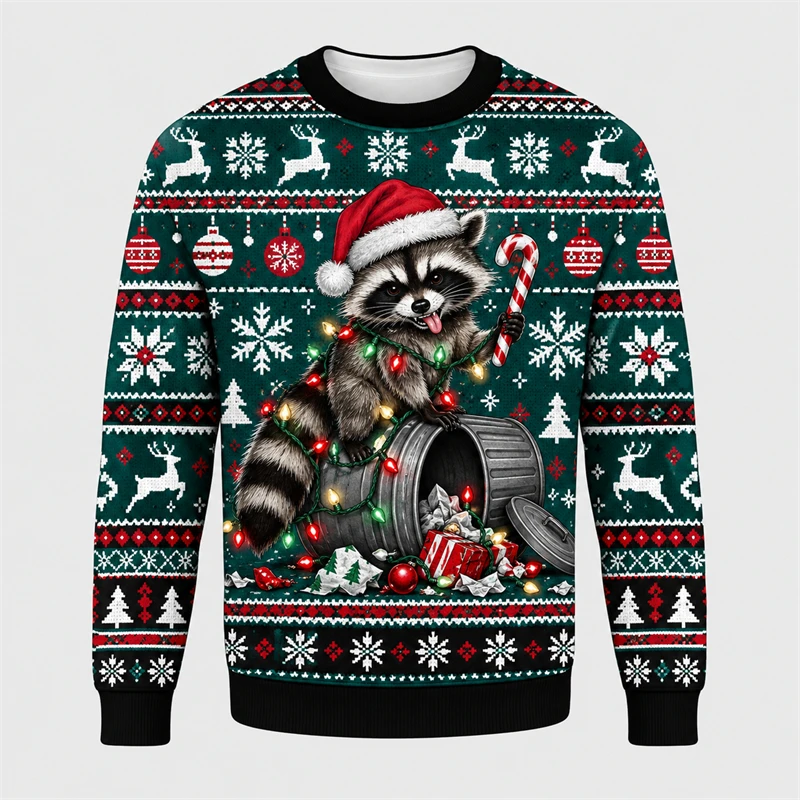 Christmas Raccoon Ugly Sweater Unisex 3D Print Crewneck Pullover Funny Trash Raccoon Holiday Sweatshirt Casual Winter Y2k Tops