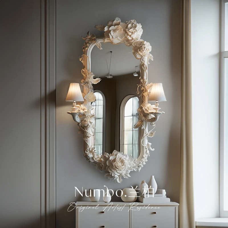

2025 new original French carved bust mirror living room fireplace decorative mirror beauty salon makeup mirror with lam