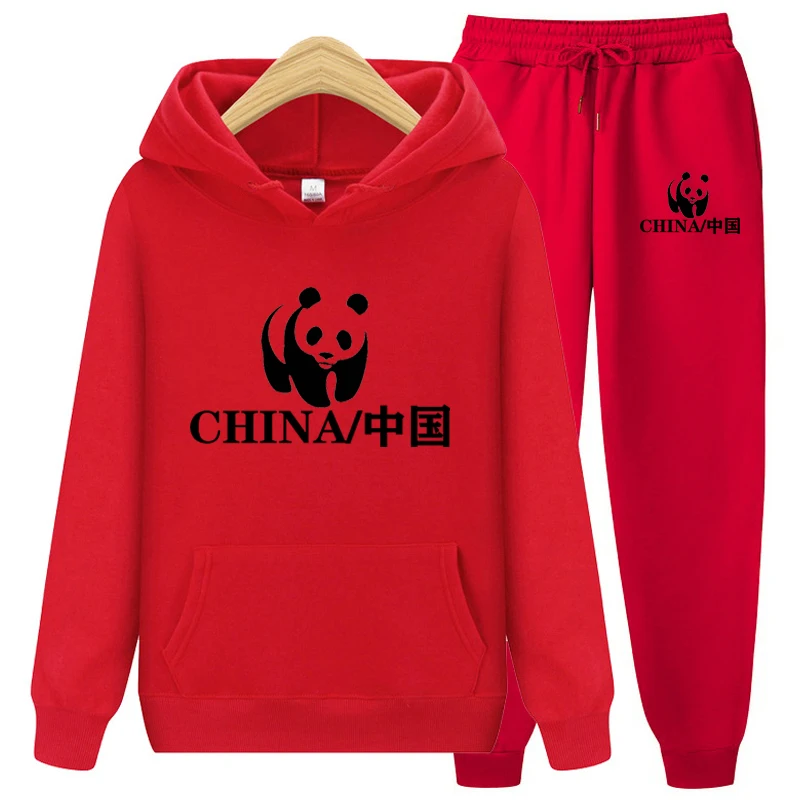 Panda China Printing 2 Pieces Sets Men's Tracksuit Hooded Sweatshirt +Drawstring Pants Male Sport Hoodies Running Sportswear Men