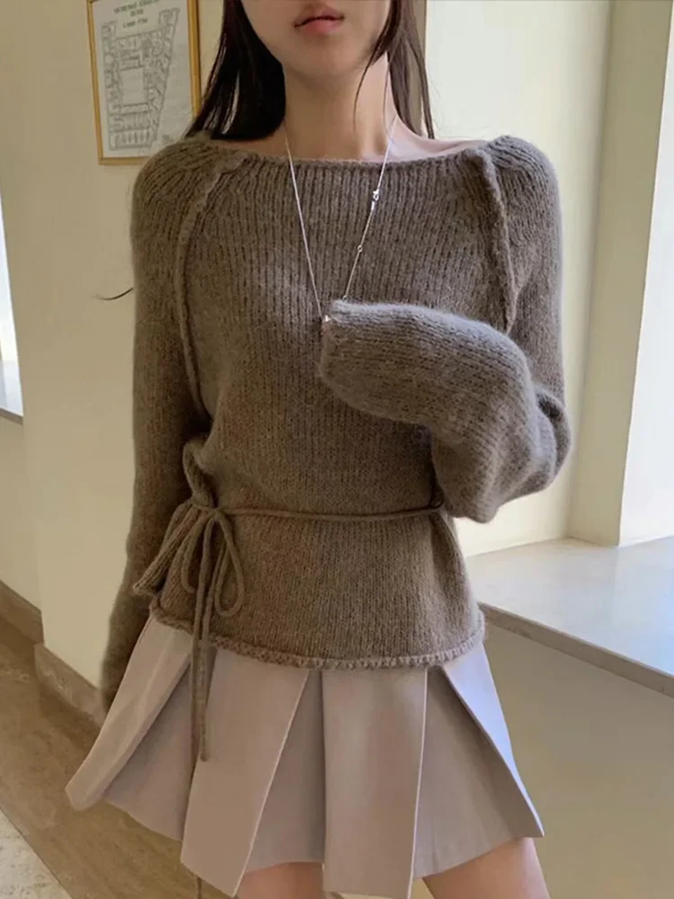 

Elegant Knit Pullovers Women Loose O-neck Lace Up Long Sleeve Female Sweaters 2024 Autumn Winter New Chic Fashion Lady Jumpers