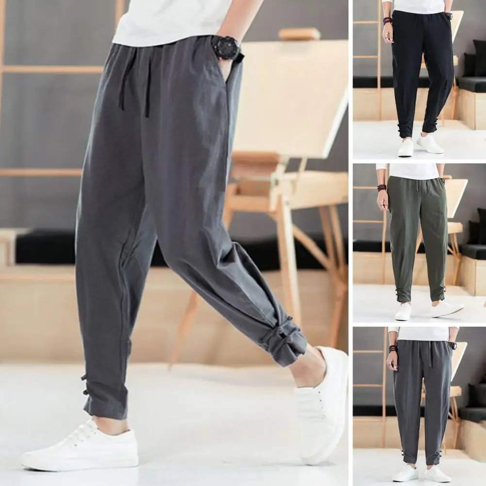 

Men Chinese Style Pants Vintage Chinese Style Men's Ninth Pants with Elastic Waist Ankle-banded Sport Trousers Plus Size Thin