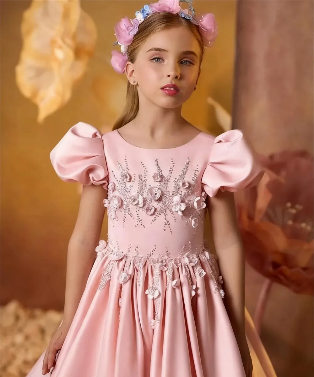 

Customized Luxury Flower Girl Wedding Dress Appliques Flower Beading Satin Princess Birthday Party Gown First Communion Dress