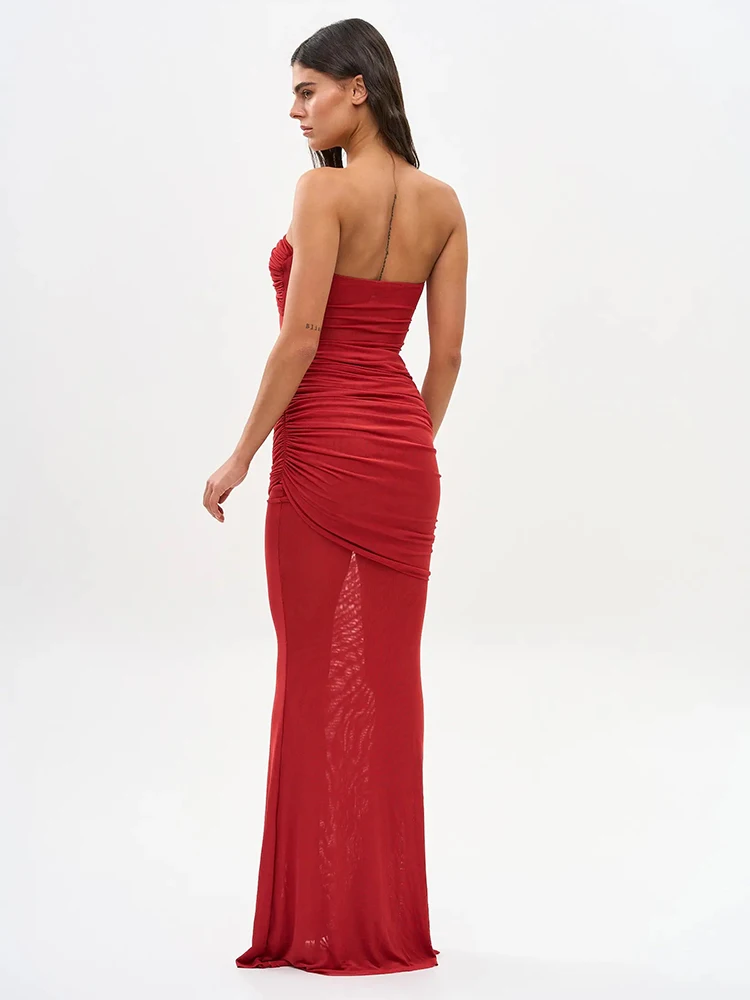 VC Sultry Red Sheer Mesh Strapless Backless Sleeveless Mermaid Dress Gown with Ruched Detail for Party