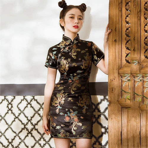 Imagen 2 del producto Vestido chino de talla grande para mujer, Mini Qipao Sexy Retro clásico con brocado de dragón y Fénix Cheongsam elegante con cuello mandarín