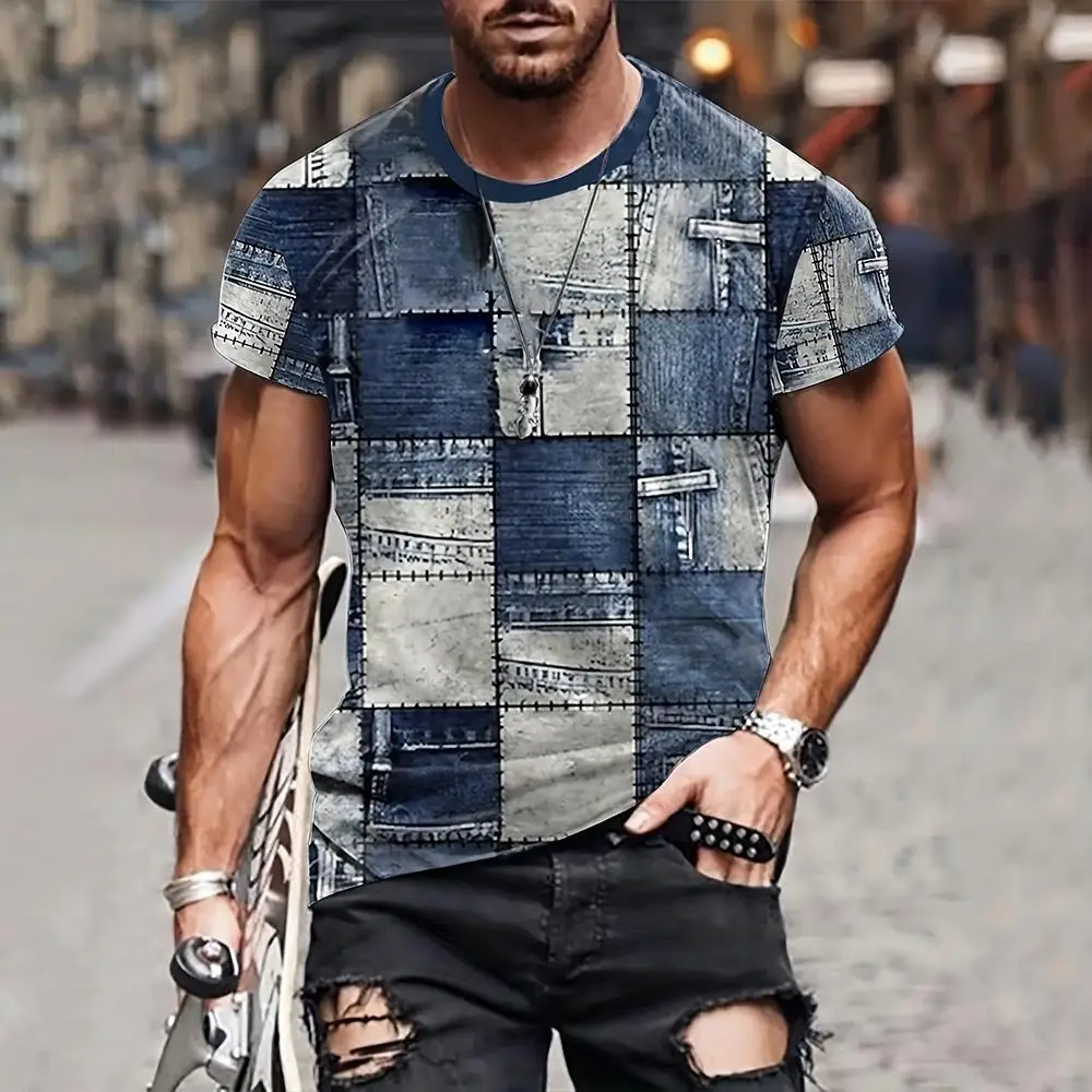 Men's T Shirt 3D Digital Patchwork Graphic Print Short Sleeve T-Shirts Comfy Casual Elastic Crew Neck Men Outdoor Activities Top