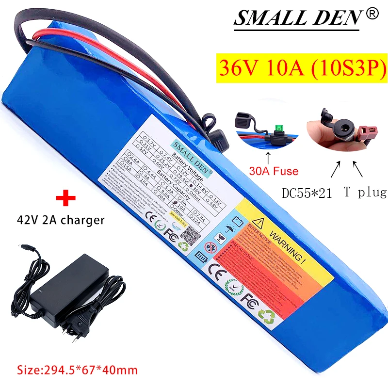 36V 10A lithium battery pack+ 42V2A DC5.5*21 charger for Spare high-quality batteries, built-in 30A BMS and fuse device 250W-600