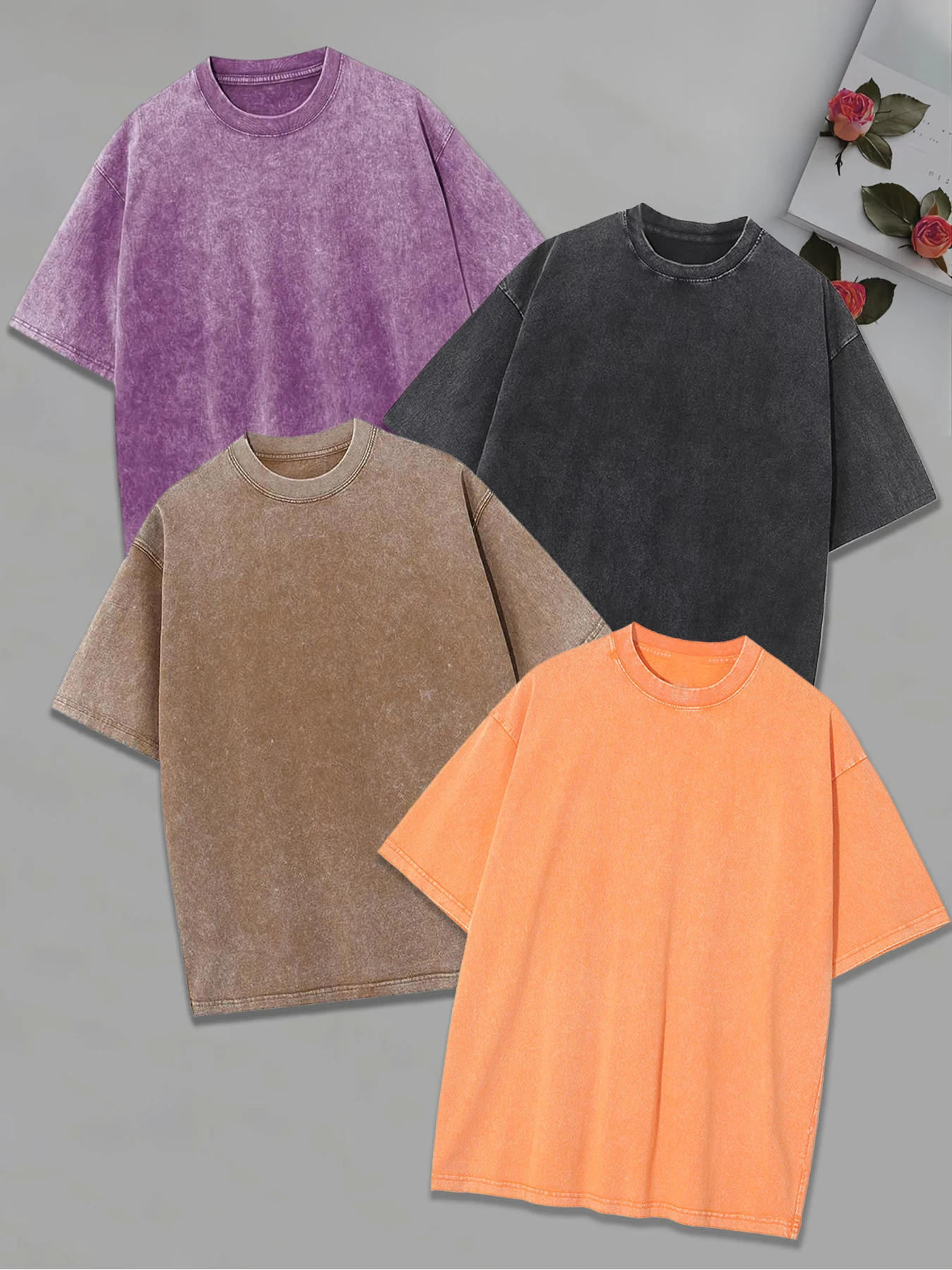 4PCS Daily Fashion Casual Basic Bottom T-shirt Men's Women's American Vintage Washed Solid Color Short Sleeve Couple's T Shirts