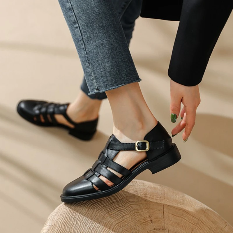 Genuine Leather Women Sandals Round Toe Low Heel Summer Women Shoes Roman Black Shoes for Women Handmade Shoes Женские сандалии