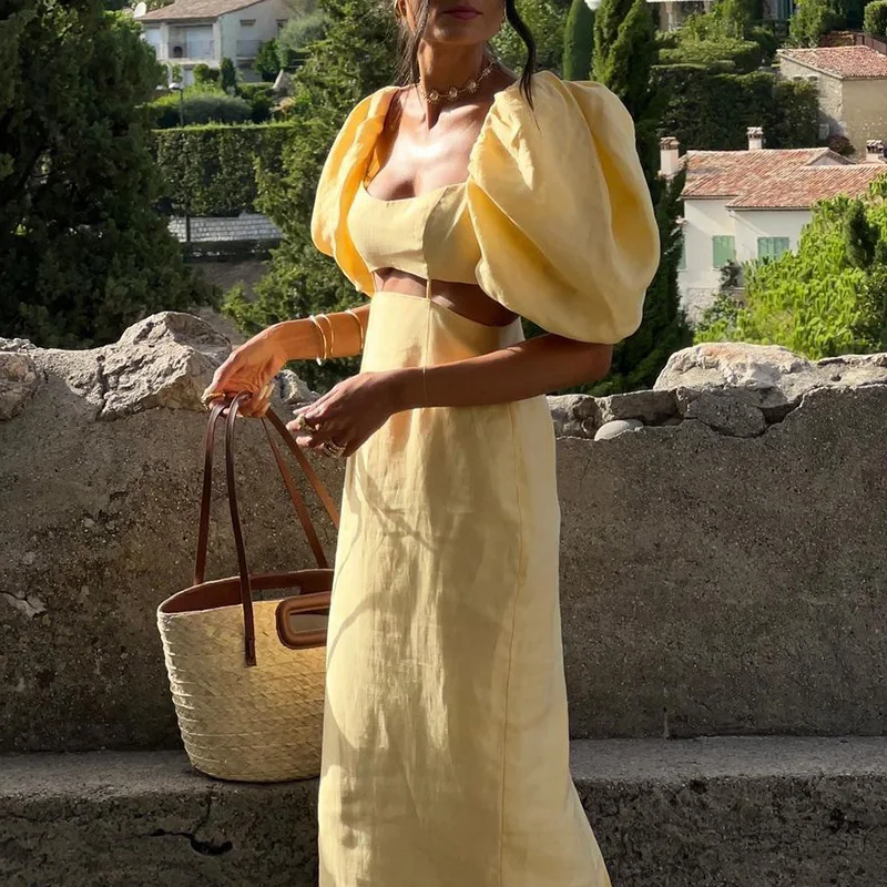 New Yellow Puff Sleeve Hollow A-line Dress Club Party Square Neck Women's Long Dress Elegant High Waist Slim Fit Holiday Dresses