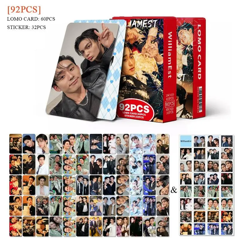 92Pcs/Set Thai Stars William & Est Laser Lomo Cards - Drama CP Collectible Holographic Photocards with Stickers