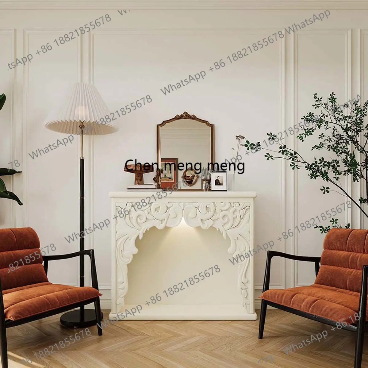

French cream style fireplace cabinet living room carved decorative cabinet with light luminous storage shooting entryway cabinet