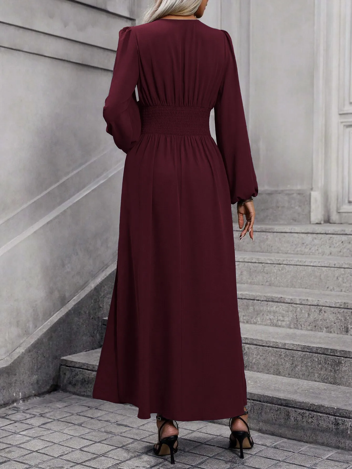 Französisches Retro-Kleid mit Laternenärmeln und Schlitz für Damen, Winter 2025, Strick-Bodycon-Maxikleid – Detail 22