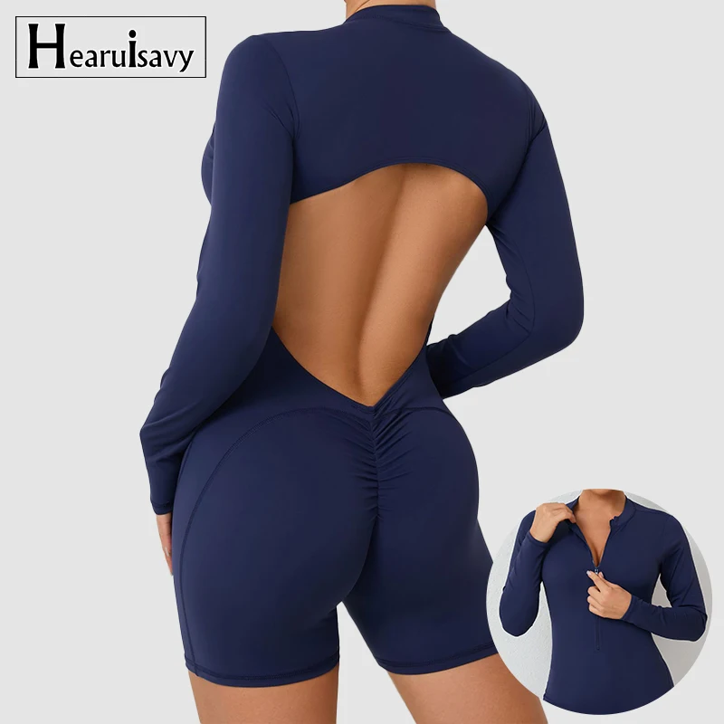 

V Back Scrunch One-Piece Suit Push Up Sports Jumpsuit Woman Fitness Zipper Overalls Workout Rompers Women Gym Bodysuits Female