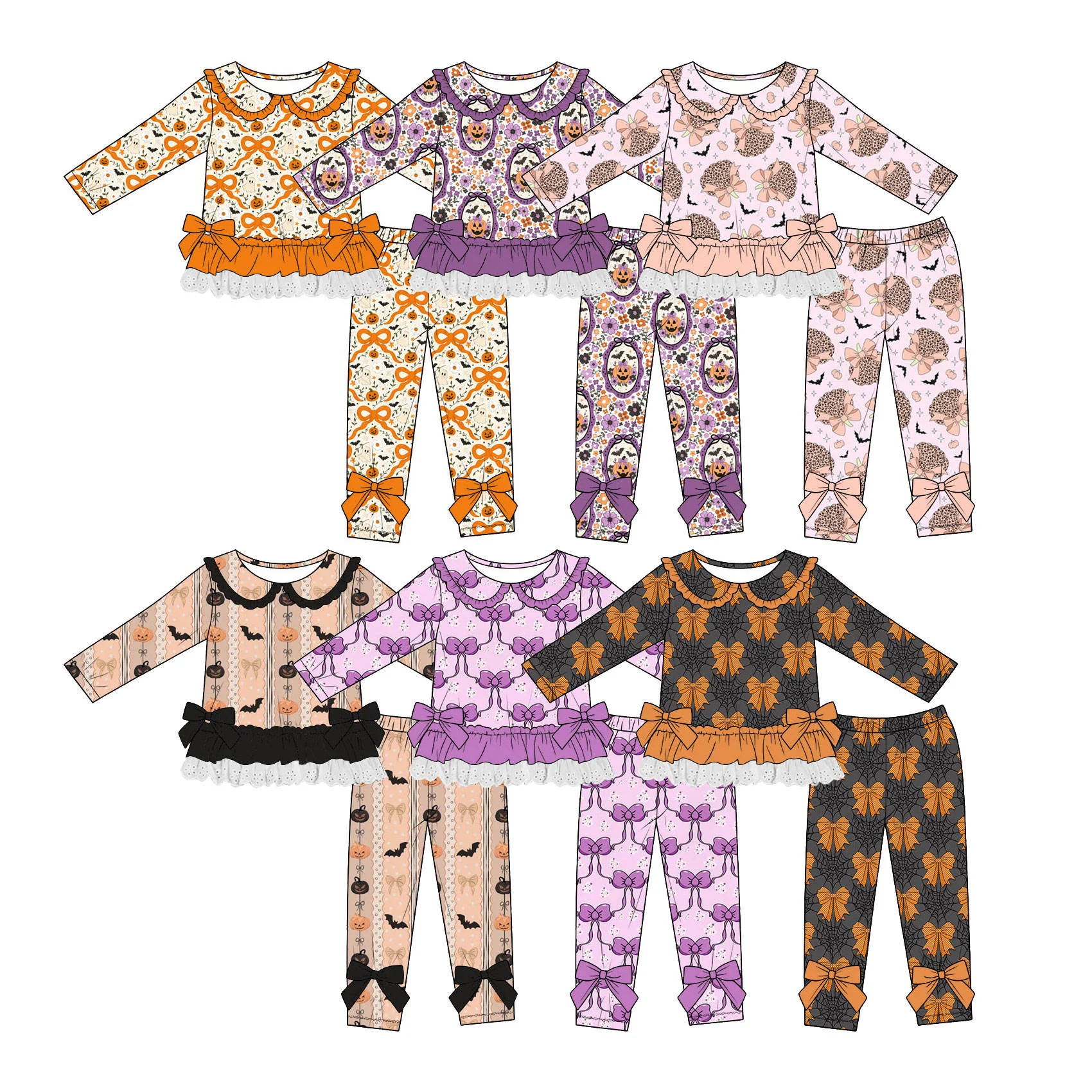 New Girls Halloween Autumn Clothing Pumpkin Print Long-Sleeve Top Double-Layer Lace Ruffles Paired with Leggings Boutique Set