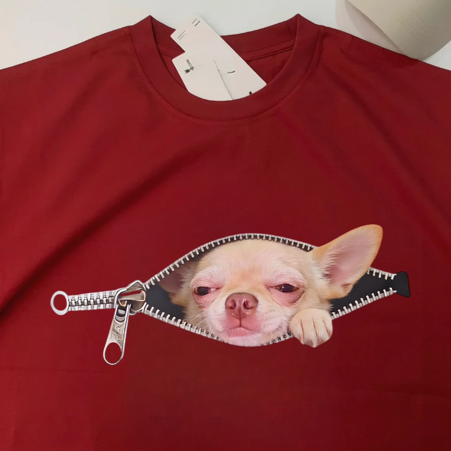 Unisex Zipper T-Shirt Short Sleeve Pure Cotton Creative Fun Cute Doggie Jacket Casual Style Breathable Comfortable for All Se...