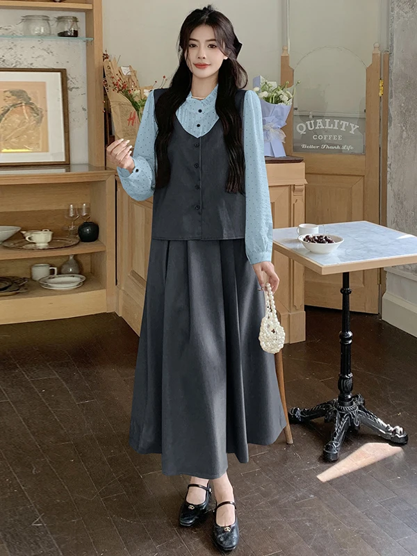 

plus Size Polka Dot Print Long Sleeve Maxi Dress Slimming High Waist Design Korean Style Commute Fashion plus Size Set