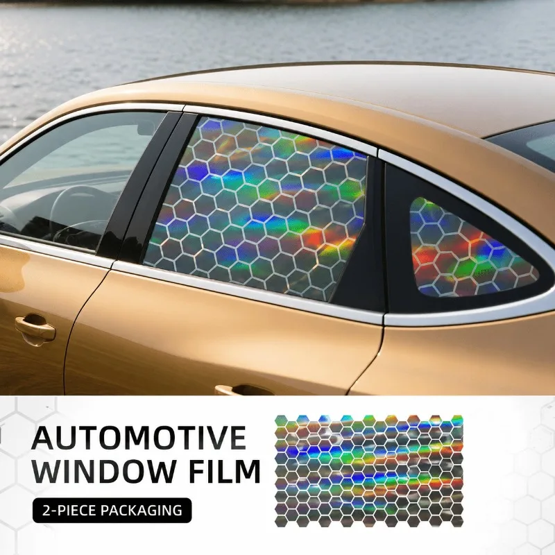 2pcs Universal Hexagonal Honeycomb Vinyl Car Window Decals, Self-Adhesive Holographic Color-Shifting Durable Stickers