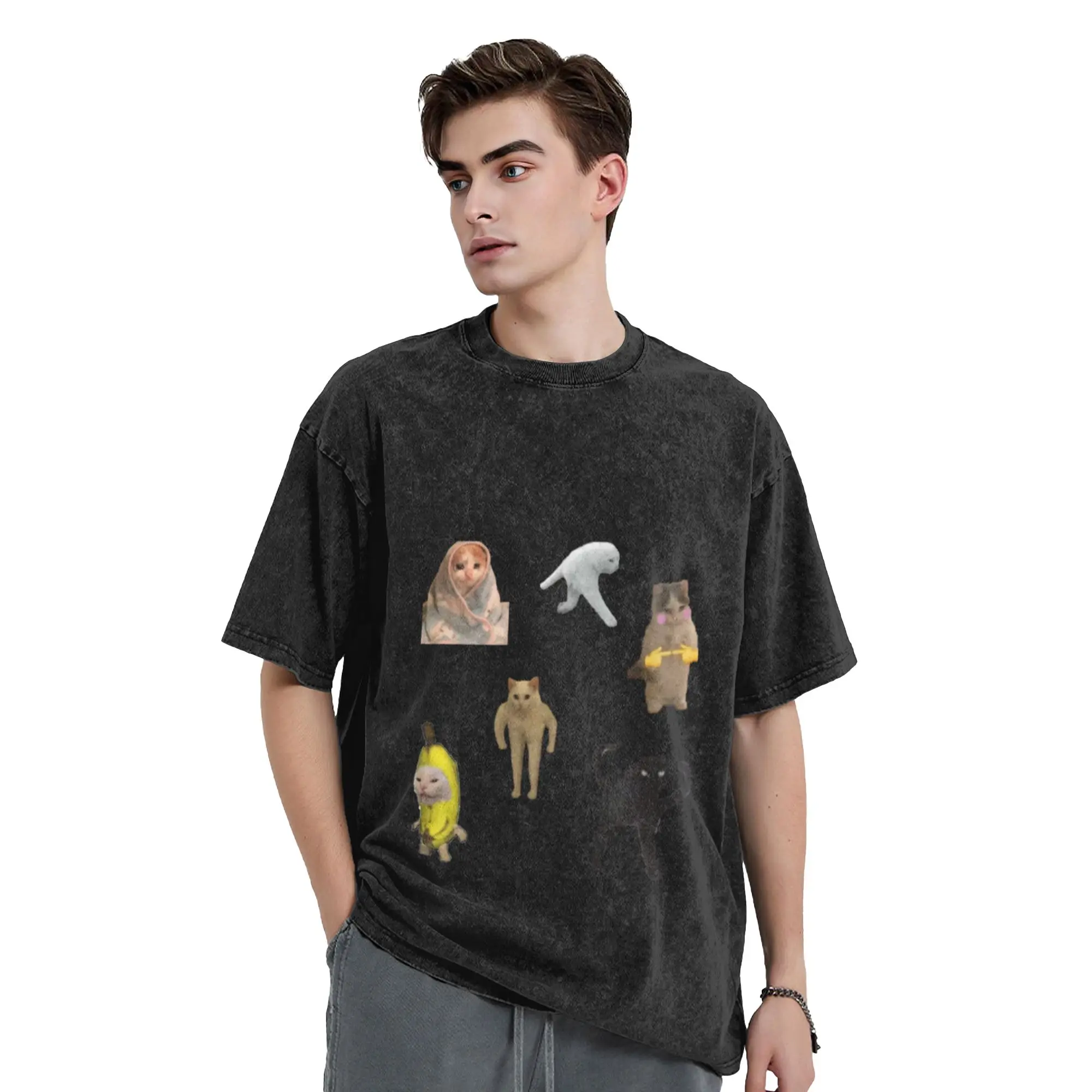 Meme Cat Sticker Bundle Classic Comfort A Washed T Shirt Men's Women's Oversized Cotton Tees Tops