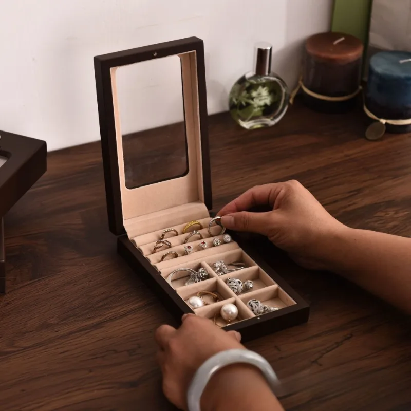 

Portable Ring Display Box Small Earrings Ring Storage Boxes Solid Wood Jewelry Accessory Showcase Case Organizer Jewellery Cases
