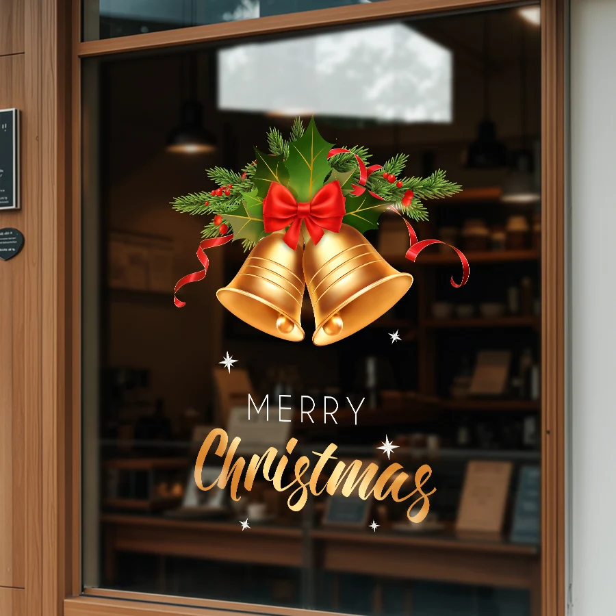 45× 60cm Gold Bells Red Bow Christmas Static Cling Window Stickers Holly Branches Removable Static Glass Stickers Shop Cafe Home