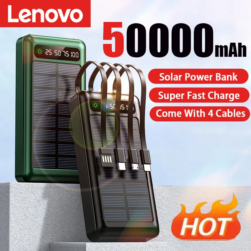 Lenovo 50000mah Solar Power Bank Built 4 Cables Convenient Fast Charging Usb Ports Charger Powerbank For Iphone Xiaomi Samsung