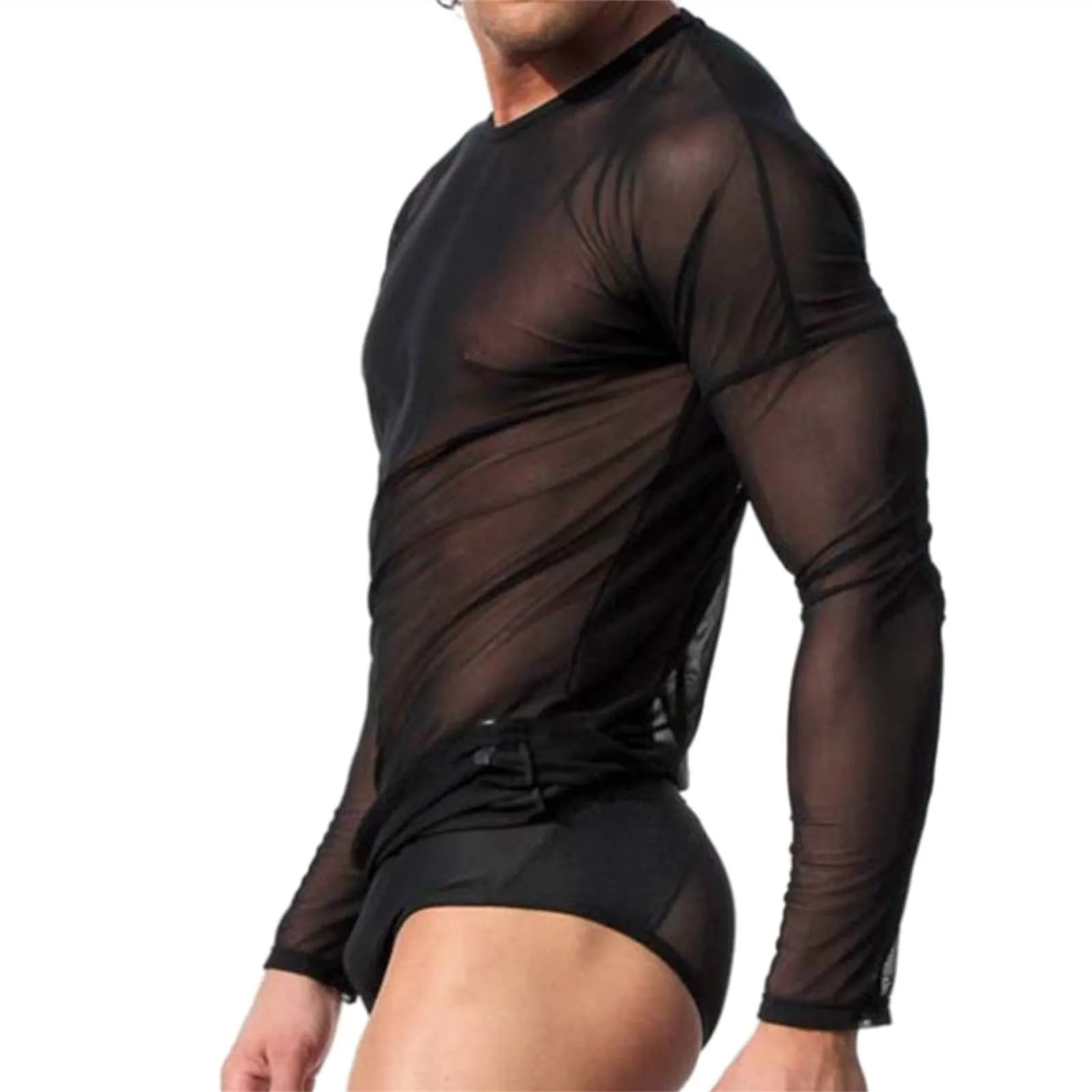 Men Sexy Mesh T-Shirt Transparent Stretchy Underwear Tshirts Long Sleeve Tee Shirt Seamless Undershirt Sheer Nightwear Clubwear