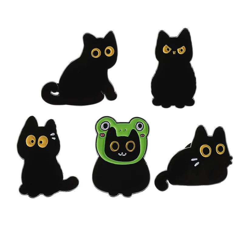 Cartoon black cat Enamel Pins Fun Black Cat with Frog Head Cover Brooches Collar Lapel Badge Fashion Jewelry Accessories Gift