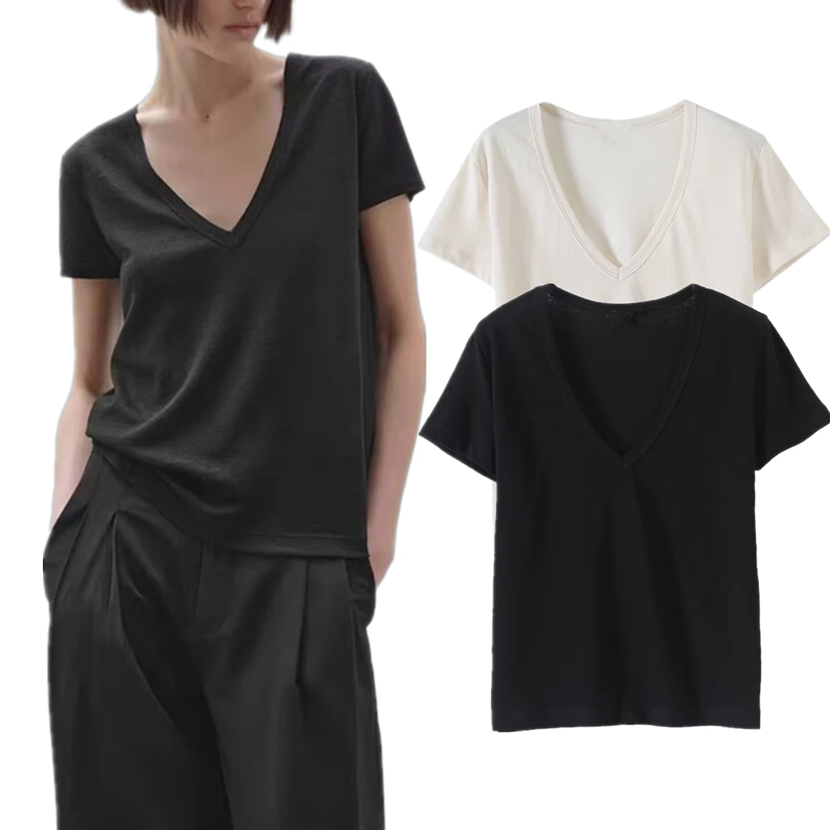 

Jenny&dave Minimalist Cotton Linen Blend Basic T-shirt Short Sleeved Summer T-shirt Breathable And Comfortable V-neck Top