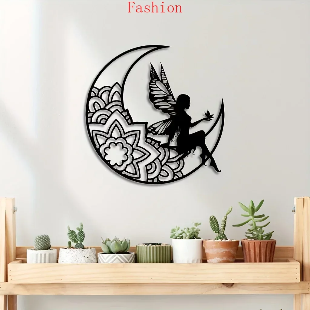 

Moon Fairy Metal Wall Hanging Signs Plaque Fairy Metal Art 3D Hollow Metal Silhouette Room Outdoor Home Decor Funny Decor Wall