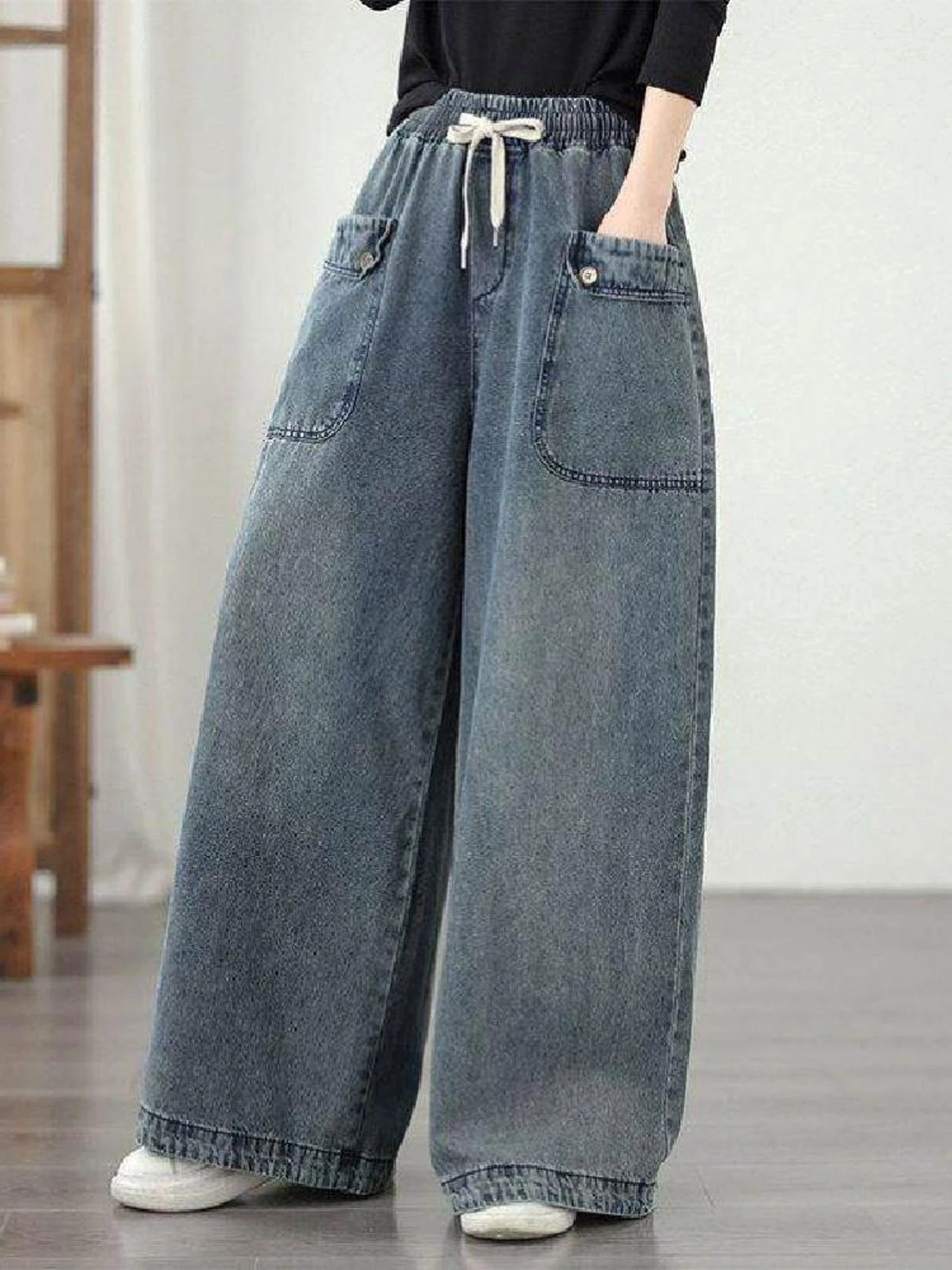 spring-autumn-loose-women's-denim-wide-leg-pants-elastic-waist-drawstring-long-trousers-pear-shape-body-straight-tube-ear-covers
