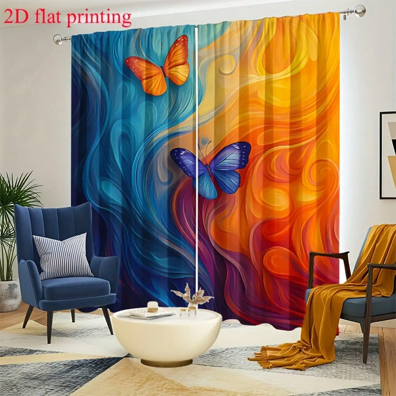 2pcs 2D Flat Butterfly Curtains Featuring Orange And Blue Butterflies Resting On A Dreamlike Background To Enhance The Festive