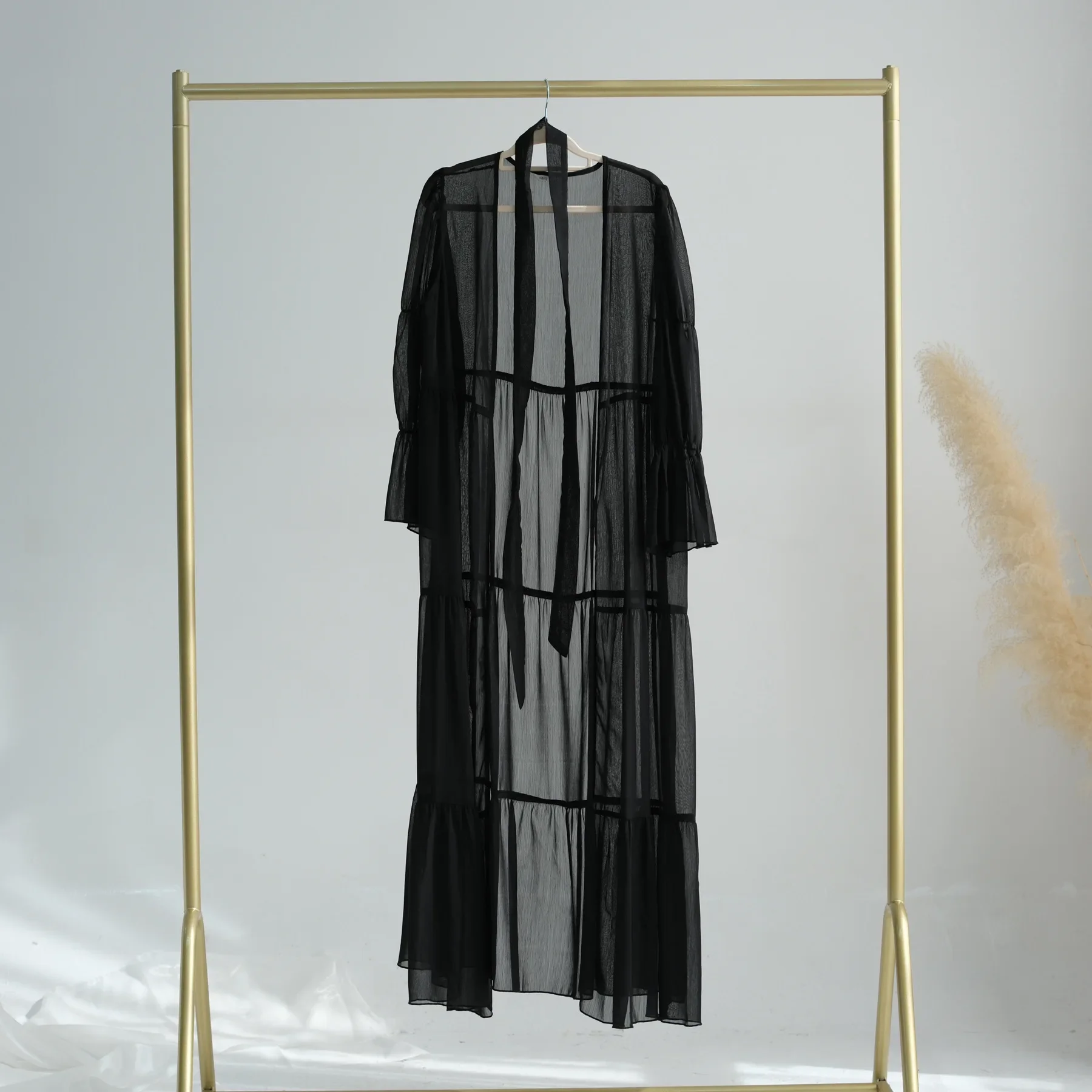 Ensemble deux pièces en mousseline de soie pour femmes musulmanes, élégant, froissé, dubaï, turquie, ample, ouvert, Cardigan et Robe Abaya