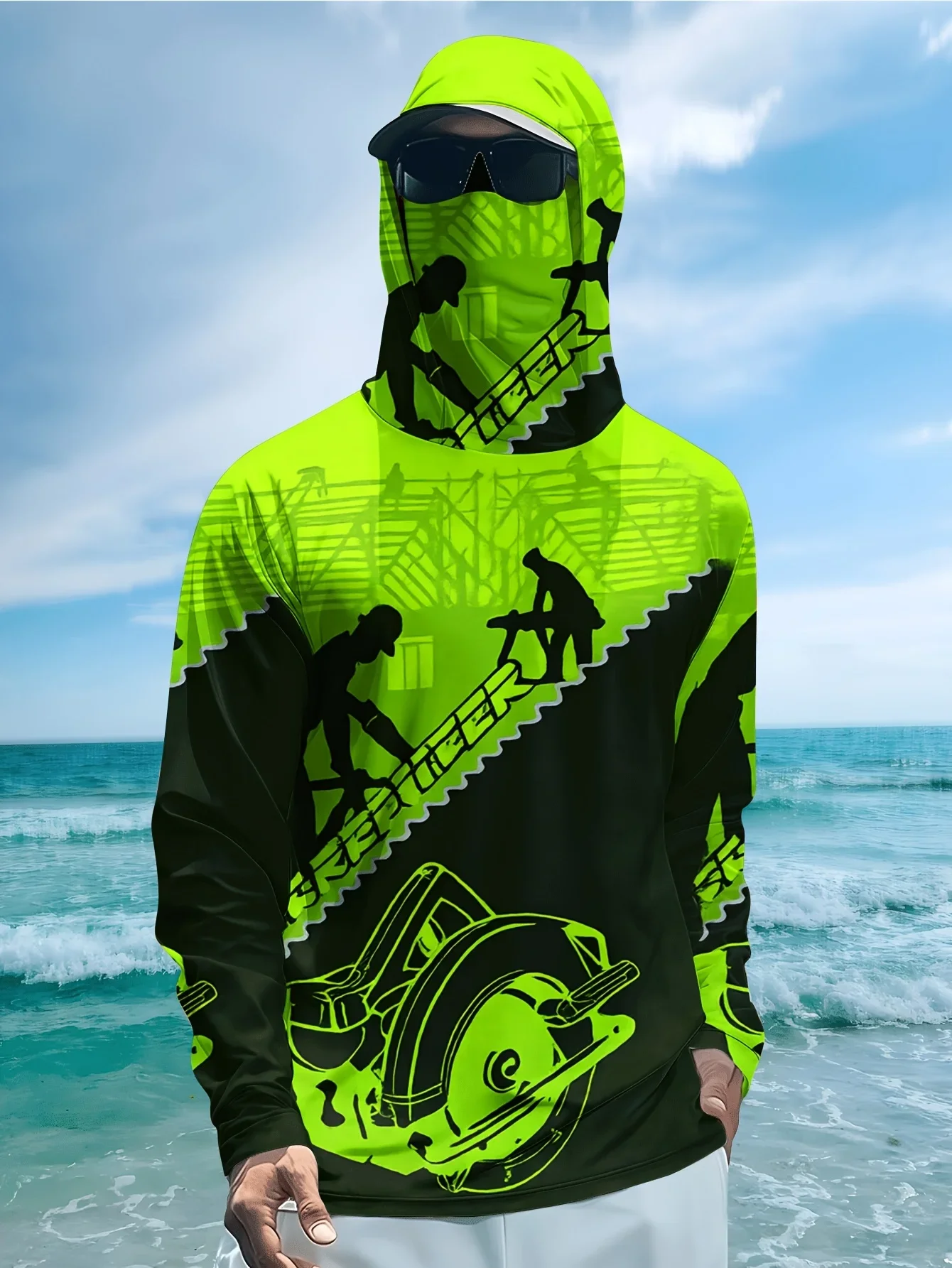 Men's UV Protection Hooded Face Mask Carpenter Tool Print Quick Dry Long Sleeve Fishing Shirt Outdoor Work Hiking for Adult Men