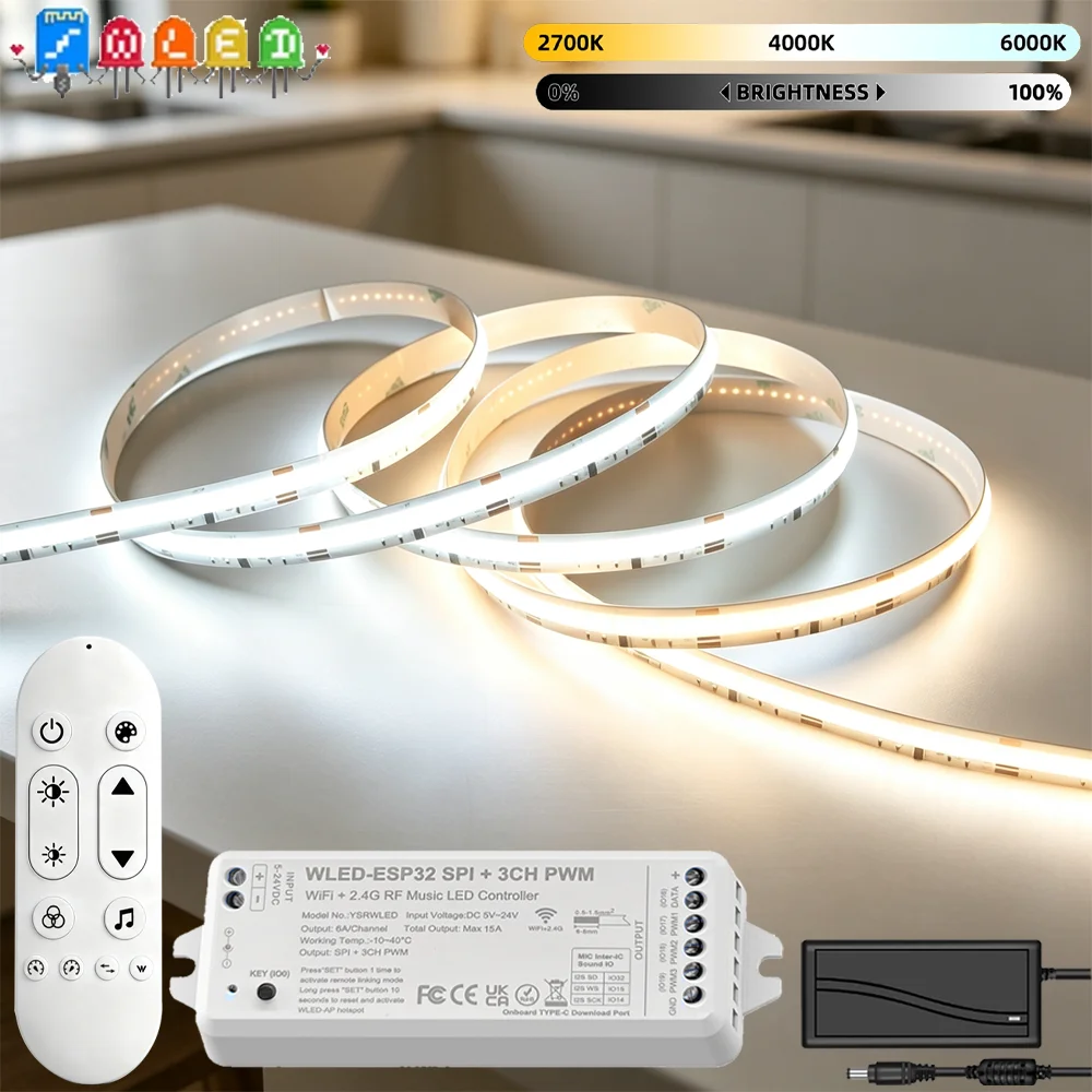 24V FCOB SPI CCT IC DW IC LED Light Strip WS2811 Addressable Flexible FOB COB Led Light WLED ESP32 WiFi LED Dimmer with Remote