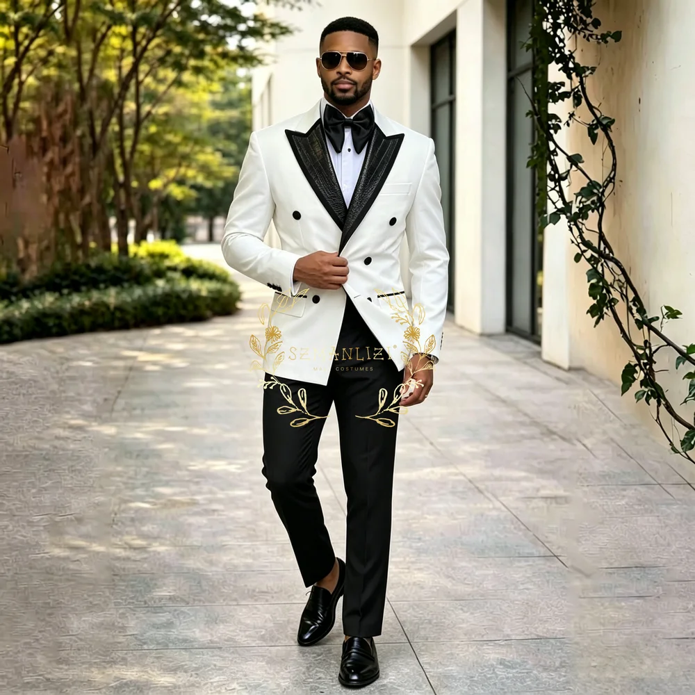 Men 2 Pieces Suits (Jacket+Pants) Double Breasted Crocodile Embossed Lapel Formal Male Suit Wedding Groom Tuxedos Blazer Sets