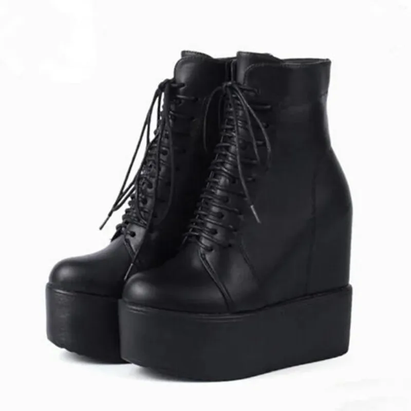 

14CM Height Increasing Womens Boots Fashion Punk Style Gothic Boots Wedges Platform Boot Lace Up Leather Ankle Boots Botas Mujer