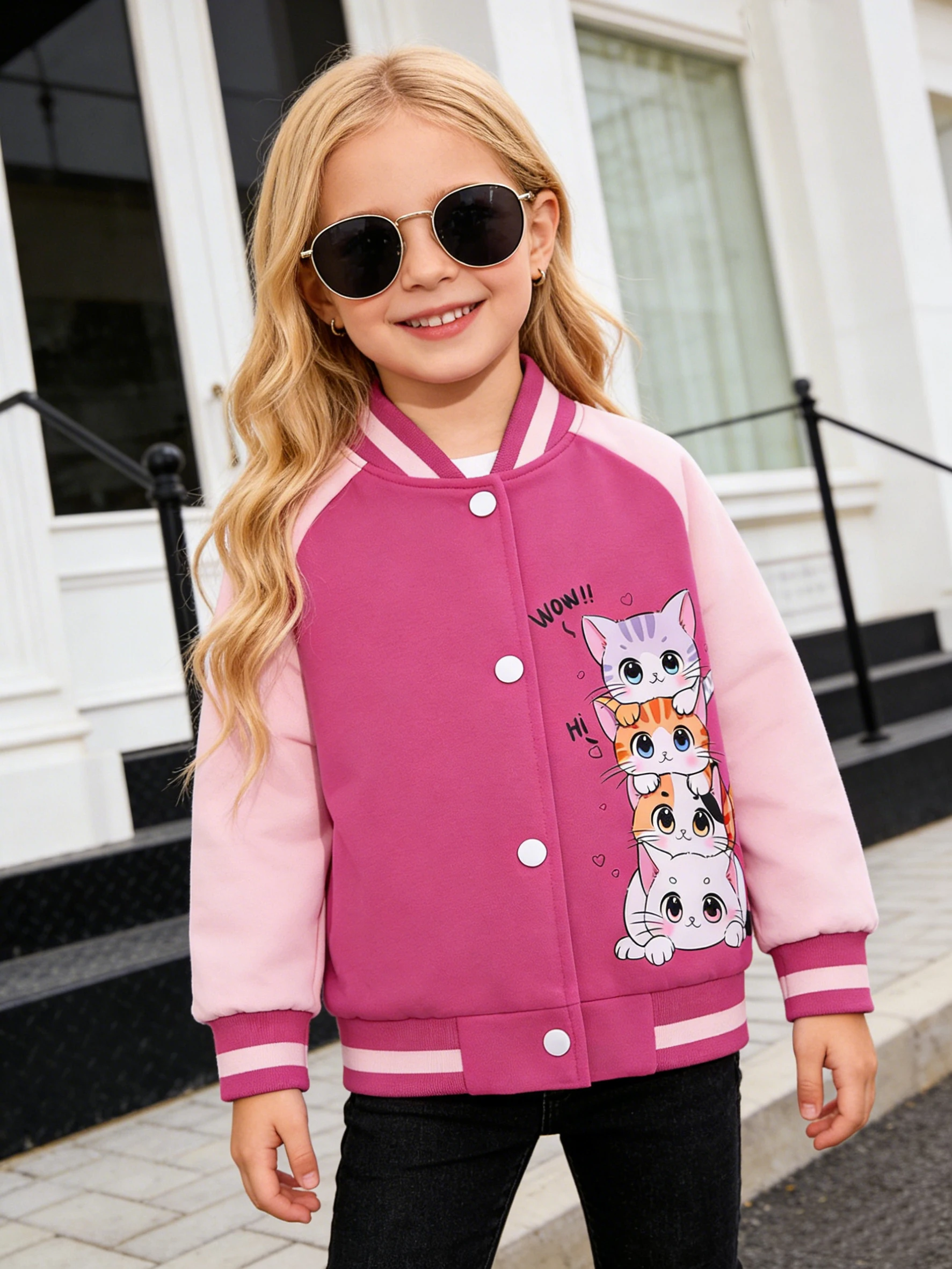 Little girl's cartoon baseball jacket with heart-shaped cat pattern, suitable for children's casual outdoor daily activities view 5