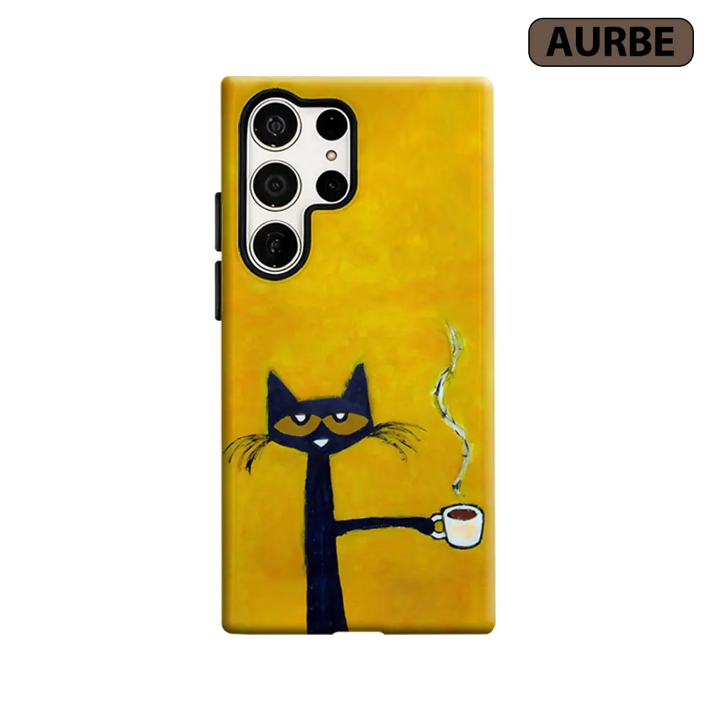 Aurbe Phone Case For Samsung Galaxy S26 S25 S24 S23 Ultra Plus HD Hard Black Cat with Coffee Double Layer Film Cover