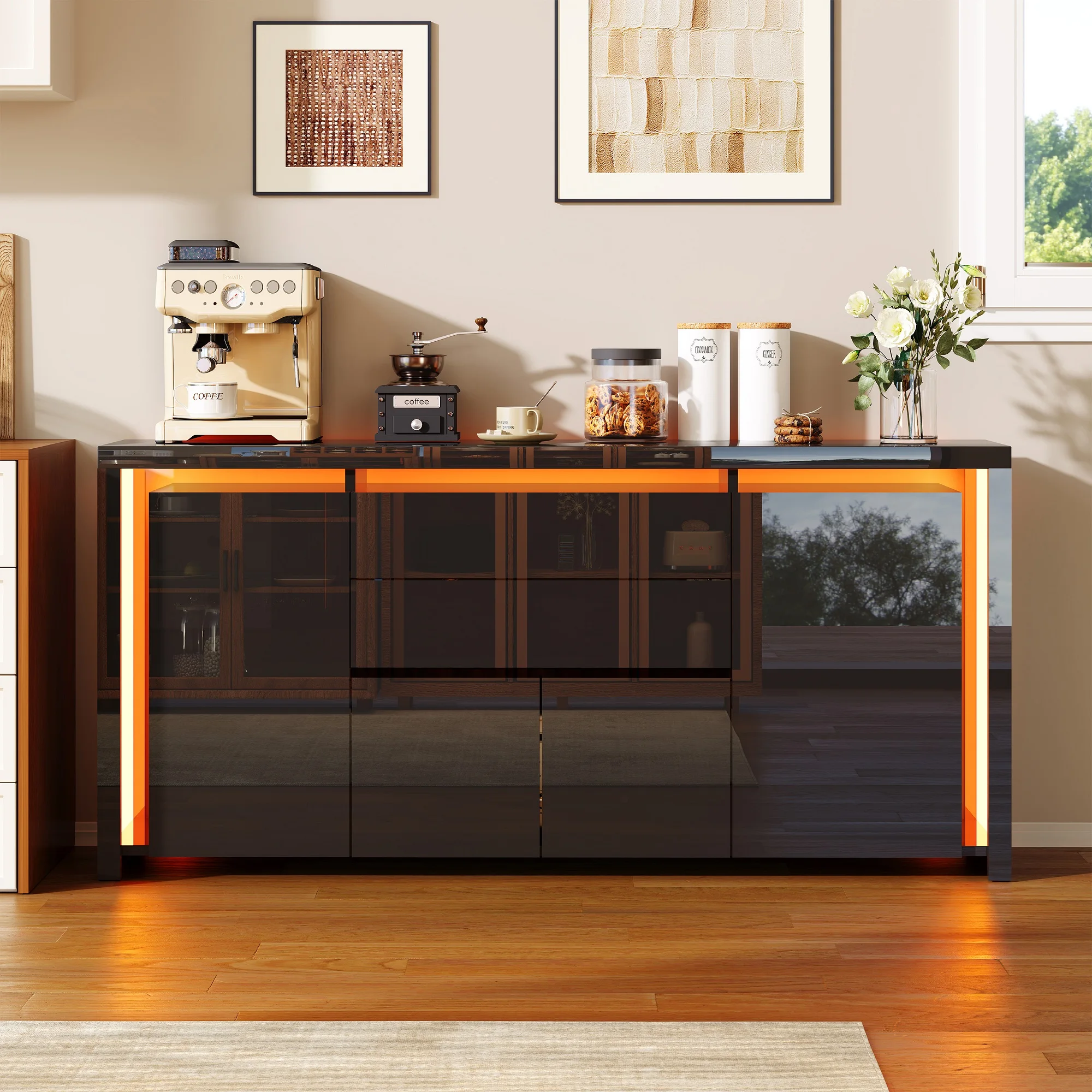 Rosahqnda Sideboard Hochglanzweiß mit LED, modernes Sideboard mit Tür und Schubladen, Buffetschrank, Kommode für die Küche – Detail 17