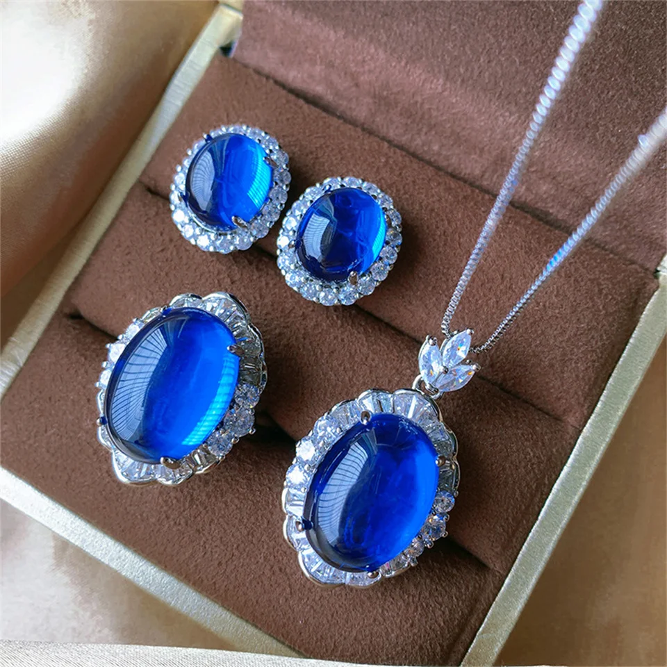 

Egg Shape Jewelry Set Blue Spinel Plain Pendant Earrings Ring Set Diamond New Niche Luxury Oval Sapphire Stainless Steel Jewelry