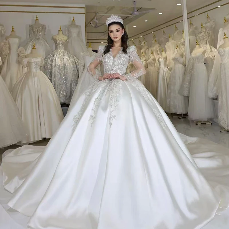 

Graceful Wedding Dress Satin With Embroidered Lace Ball Gown Full Sleeve V-Neck Customized Bride Dress Button Vestido De Novia