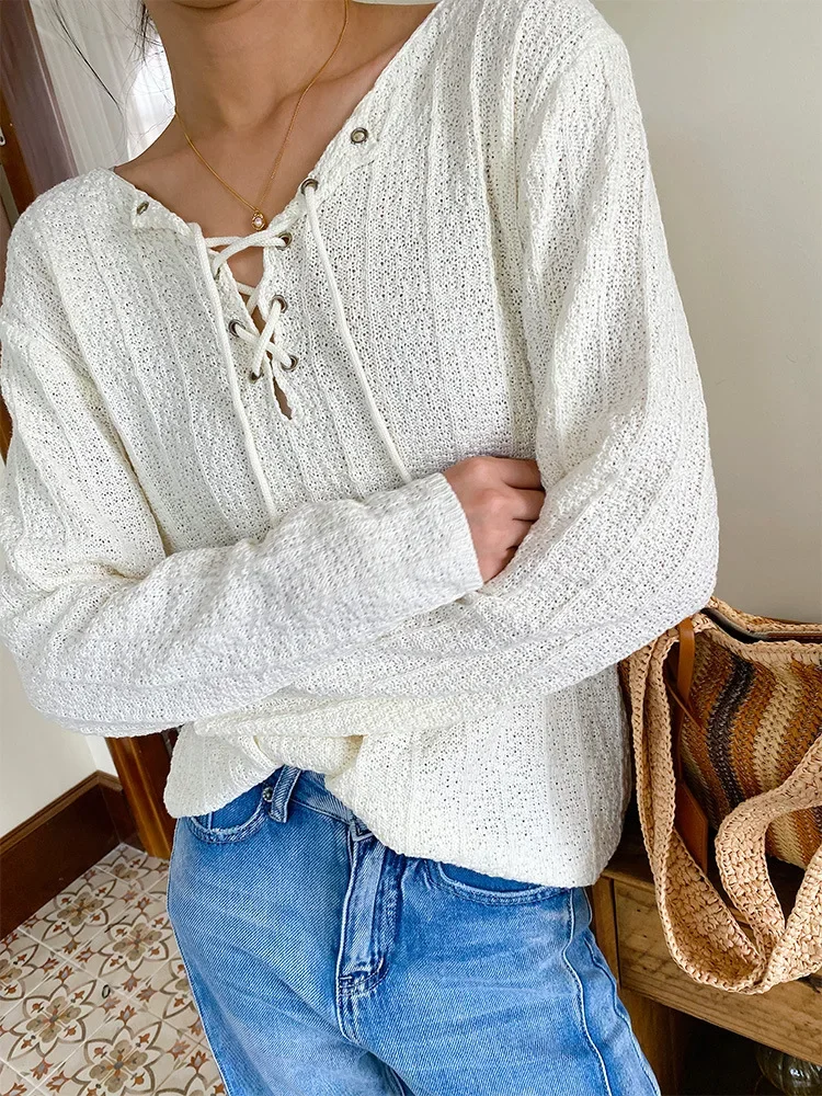 GypsyLady French Chic Knitted Sweater Blouse V-neck Lace Up Autumn Spring Long Sleeve Women Sweaters Autumn Ladies Jumpers New