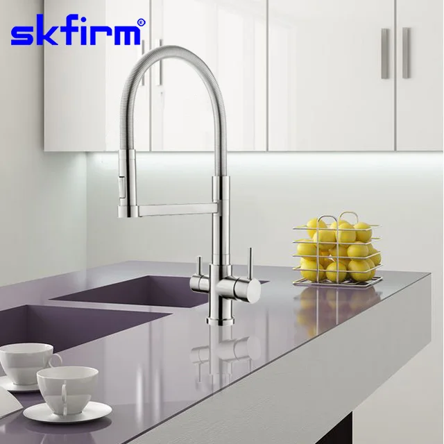 Household Kitchen Tap 3 Way Hot Cold Filter Mixer Faucet 360 Degree Faucet 304 Stainless Steel Dual Handle Single Hole Modern