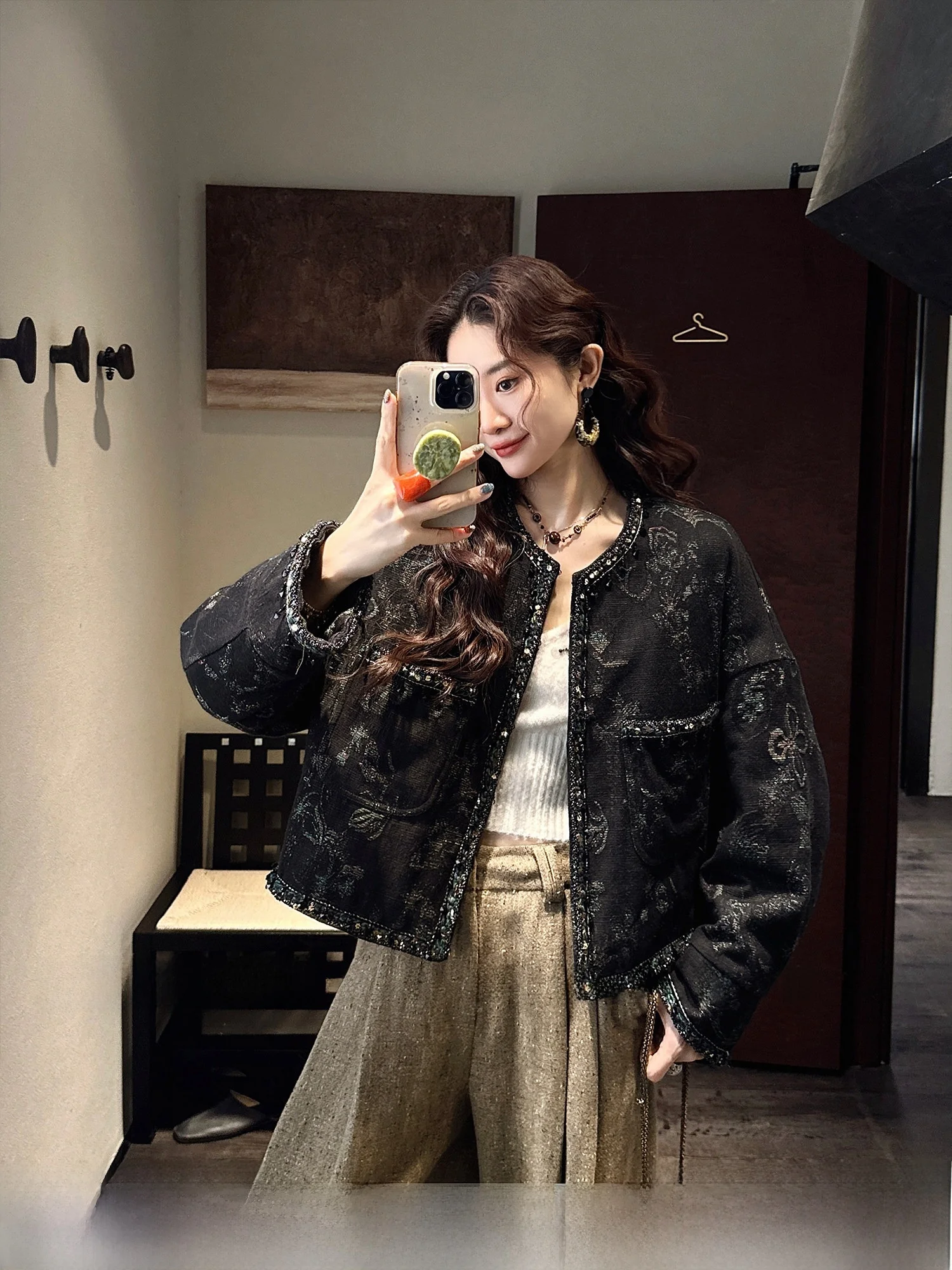

Sanji Bla Flower Handmade Crochet Yarn Denim down Jaet New Chinese Sle Women's Coat Warm Cotton Long Sve
