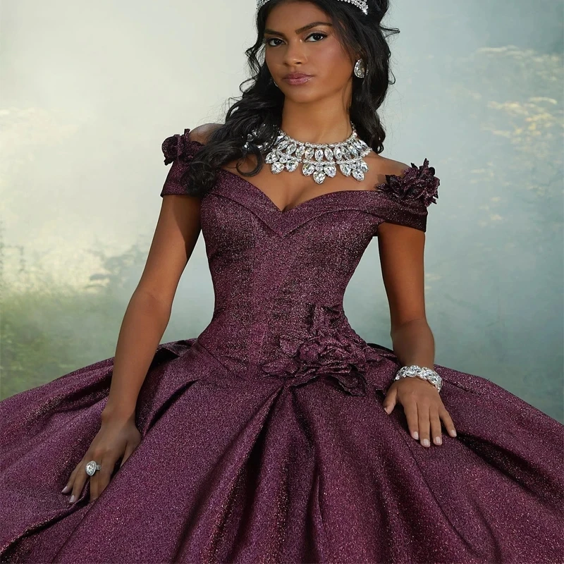 Sparkly Purple Quinceanera Dresses 2024 Elegant Off Shoulder Sequin Ruffle Puffy Flower Ball Gown Prom Dress Luxury Arab Style