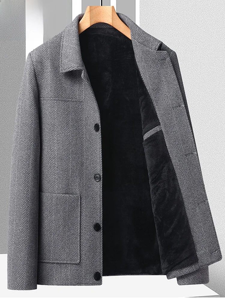 

Thiened Woolen Jaet for Men Casual Turn-down Collar Busin Casual Cotton Outerwear Warm Stand Fit Fce Lined