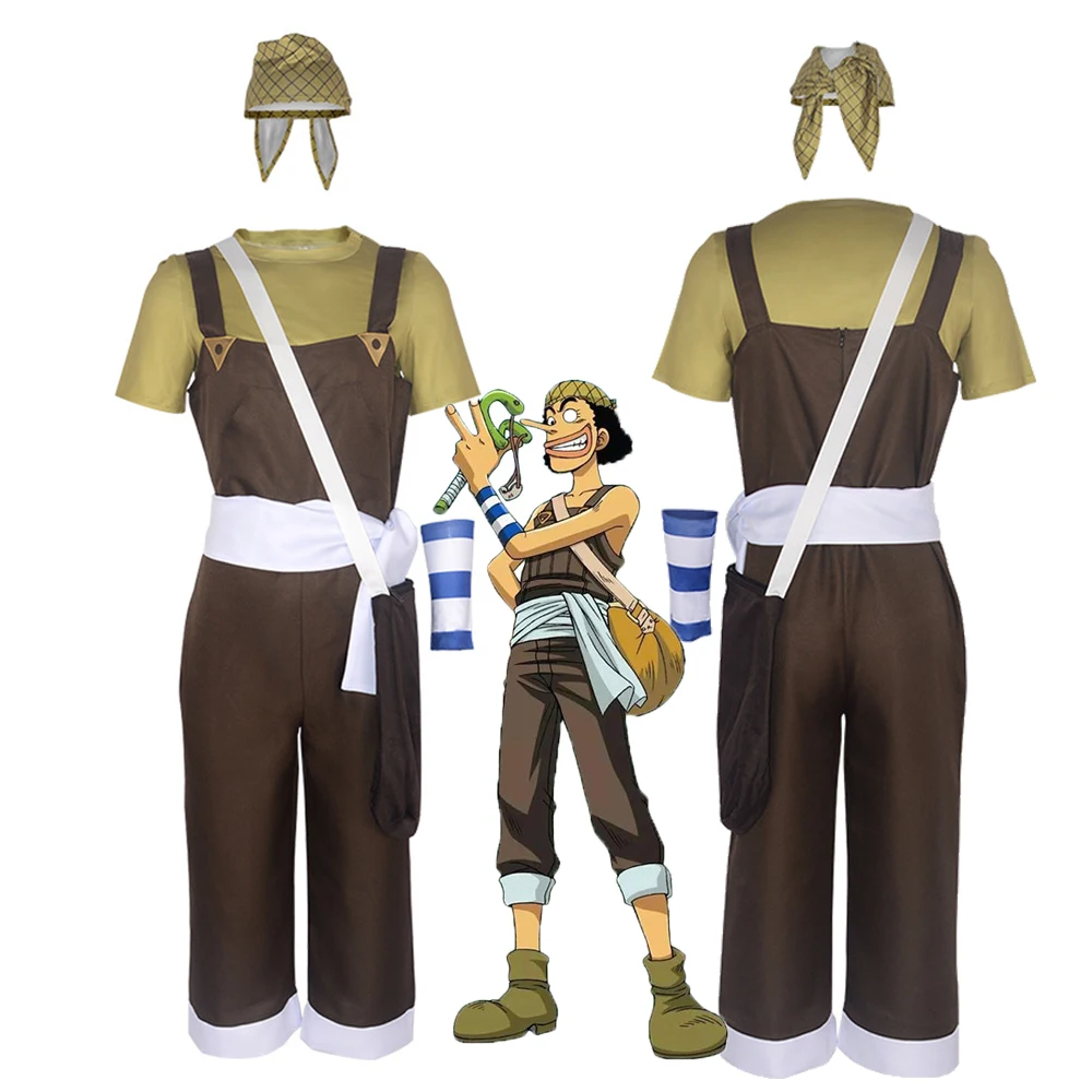 

Anime Usopp Cosplay Costume Brown Rompers White T Shirt Scraft White Waist Band Bag Halloween Christmas Party Fancy Cloth