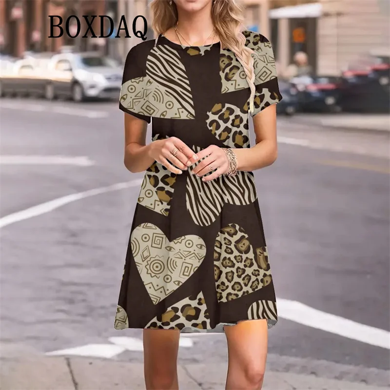 

Fashion Leopard Print Heart Pattern Women Dress Spring Summer New Short Sleeve O-Neck Loose A-Line Dress Ladies Office Sundress