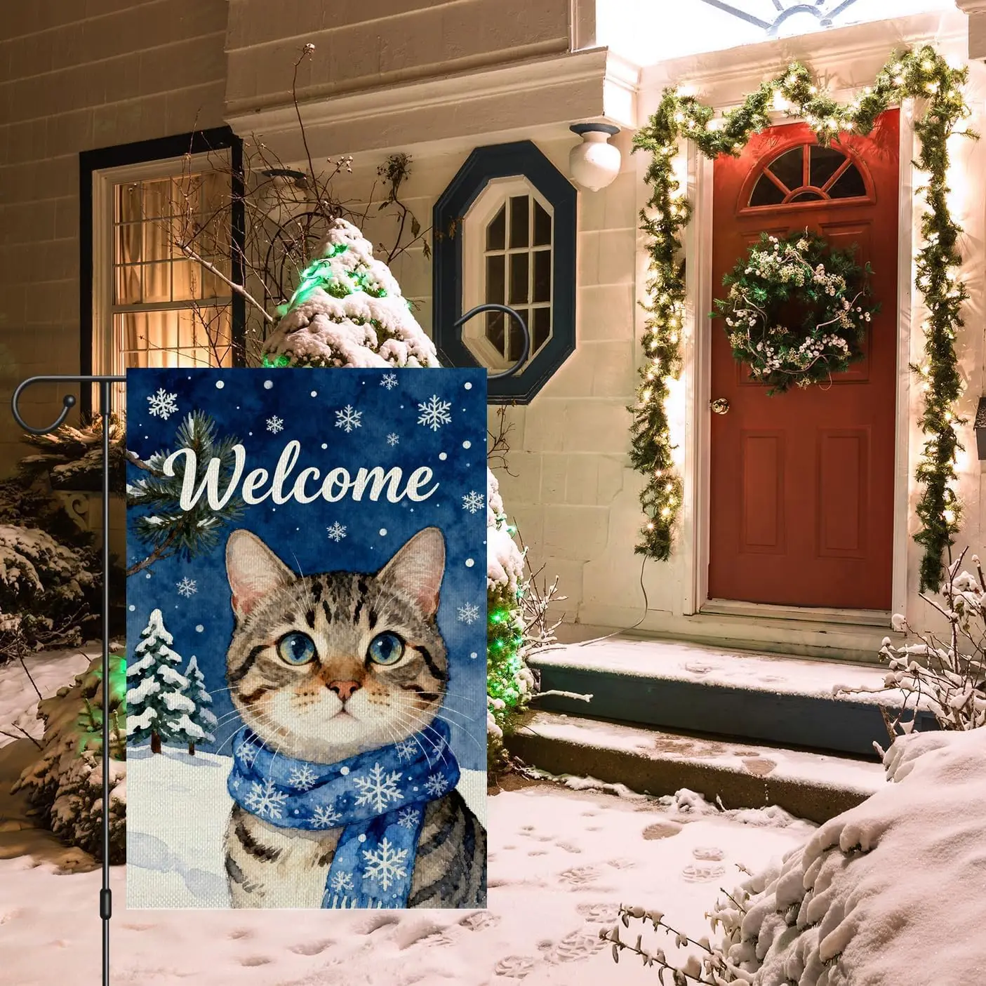 Winter Cat Welcome Garden Flag 12x18 Inch Double Sided,Snow Trees Christams Farmhouse Small Burlap Seasonal Holiday Yard Out PPM