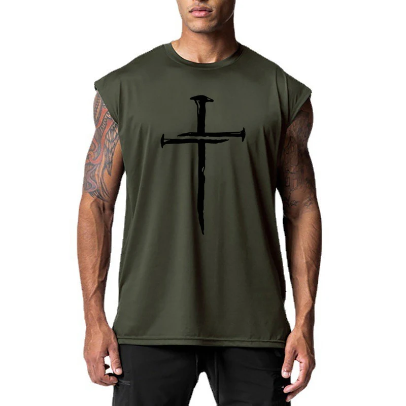 Personalized Cross Print Gym Workout Tank Tops Mens Bodybuilding Muscle Sleeveless TShirt Summer Mesh Quick Dry Fitness Singlets